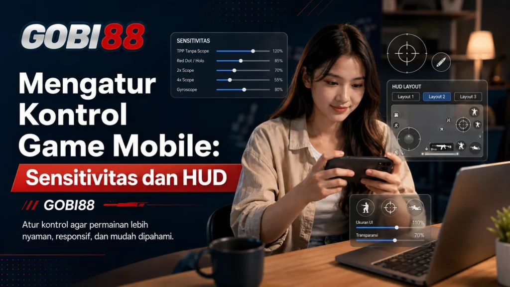 Ilustrasi pengaturan kontrol game mobile, sensitivitas, dan HUD GOBI88