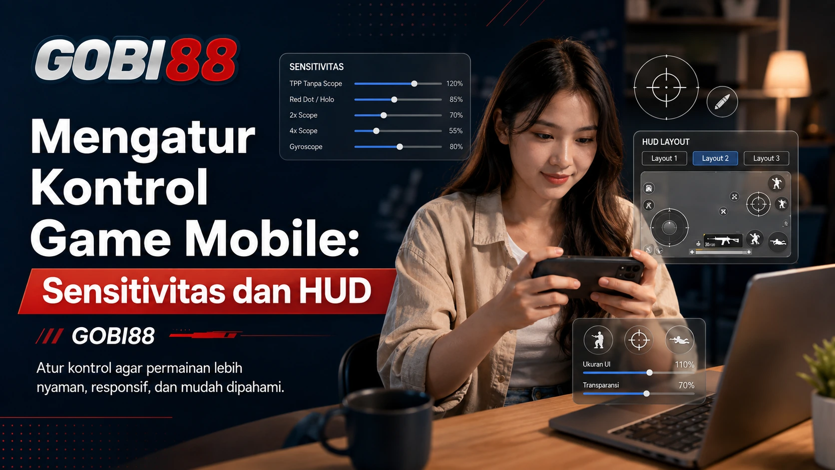 Ilustrasi pengaturan kontrol game mobile, sensitivitas, dan HUD GOBI88