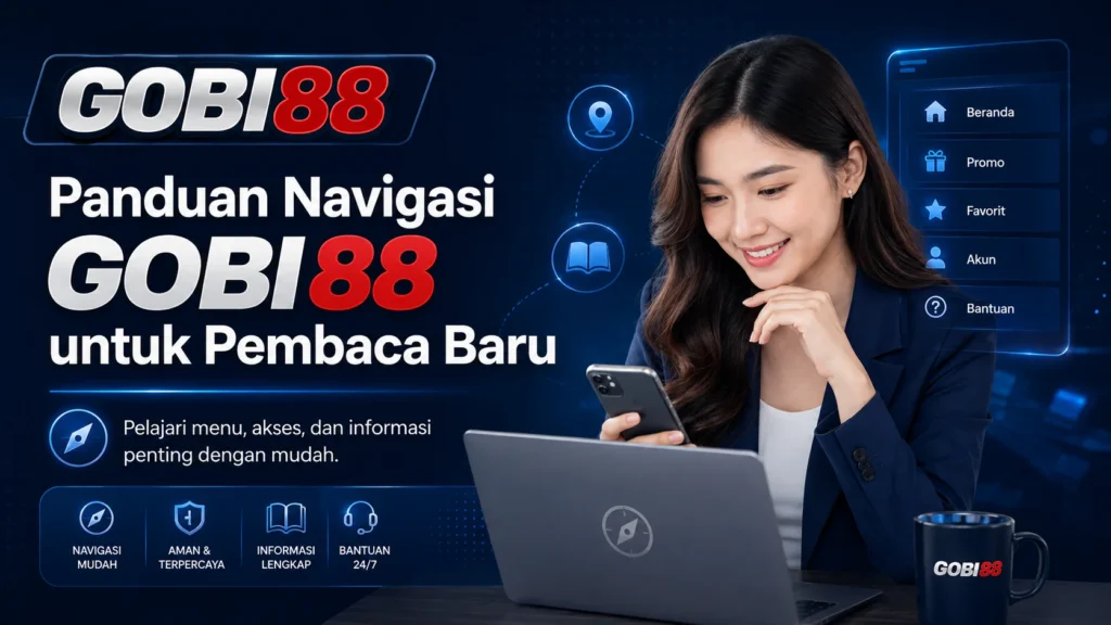 Panduan Navigasi GOBI 88 untuk Pembaca Baru dengan logo GOBI88 dan ilustrasi wanita menggunakan ponsel serta laptop
