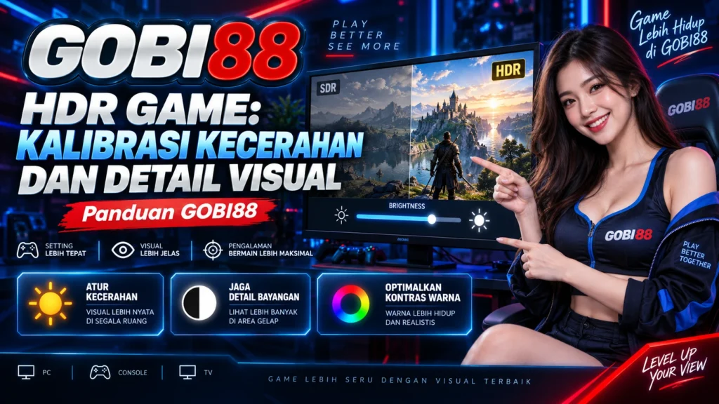 HDR game GOBI88 dengan panduan kalibrasi kecerahan, black level, white point, dan detail visual agar tampilan tetap seimbang