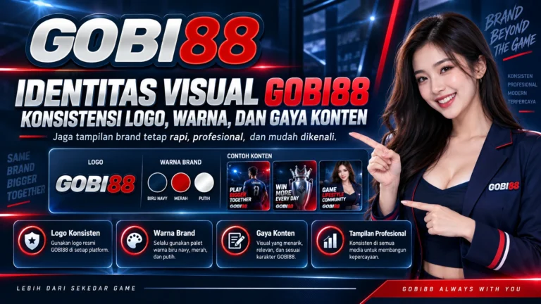 Identitas visual GOBI88 dengan konsistensi logo, warna, tipografi, banner, card, dan gaya konten untuk memperkuat pengenalan brand