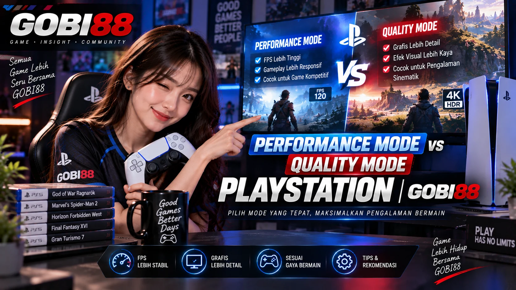Ilustrasi GOBI88 tentang perbandingan Performance Mode dan Quality Mode pada game PlayStation