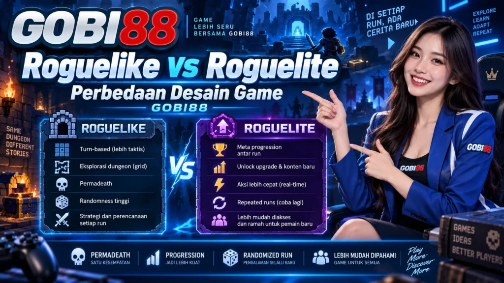 Perbedaan roguelike dan roguelite GOBI88 melalui permadeath, procedural generation, meta progression, risiko, reward, dan desain game