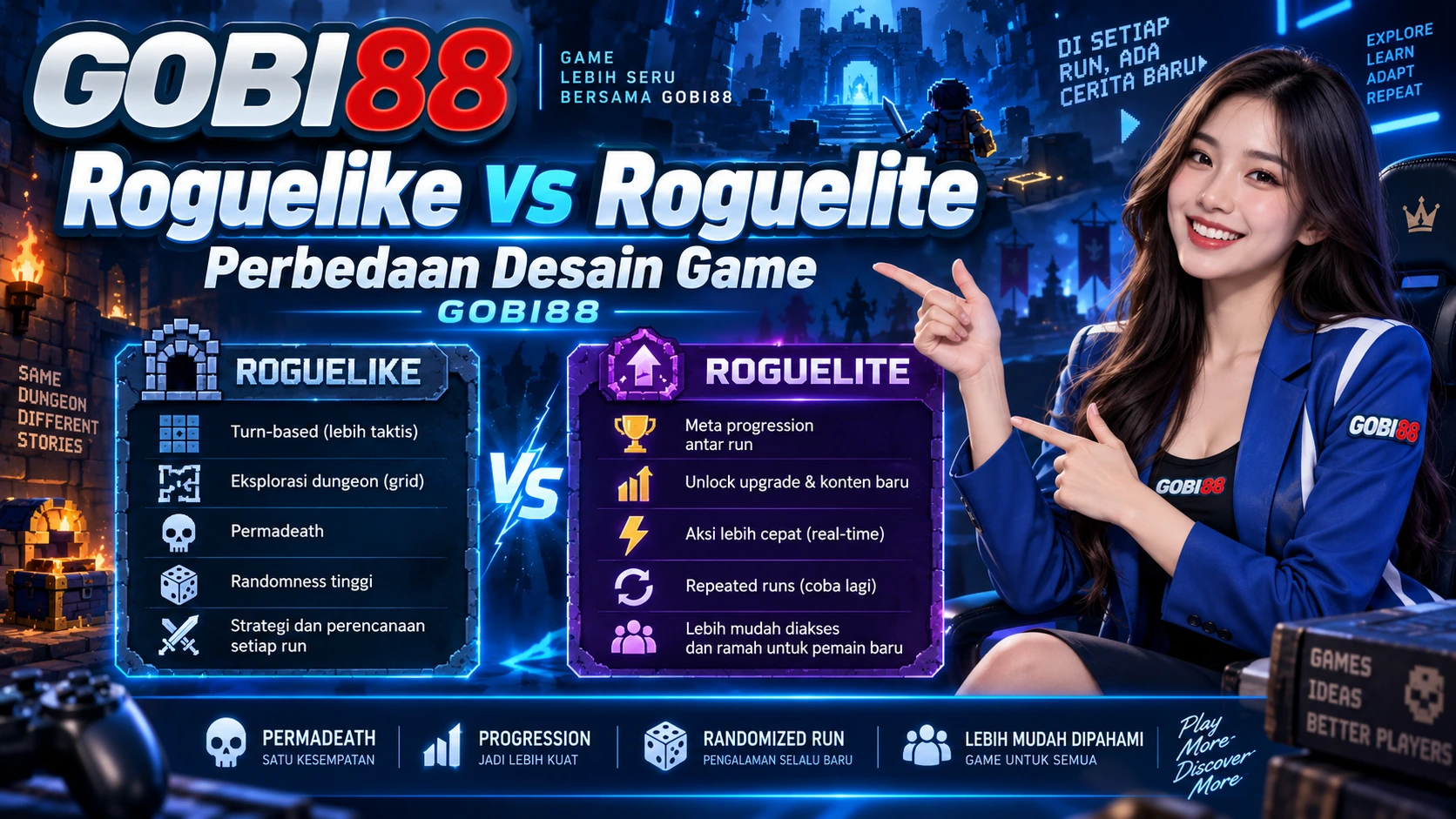 Perbedaan roguelike dan roguelite GOBI88 melalui permadeath, procedural generation, meta progression, risiko, reward, dan desain game